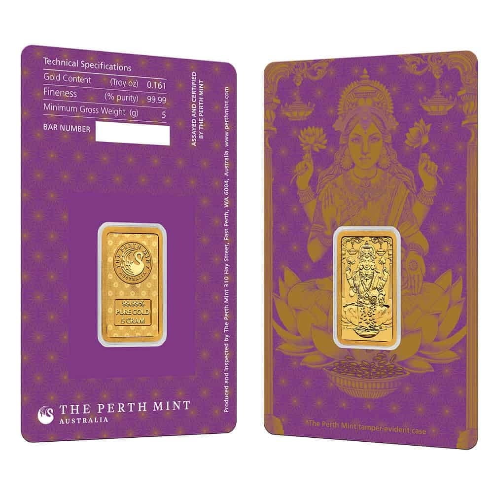 5 Gram Perth Mint Diwali Lakshmi Gold Bar .9999 Fine (in Assay)