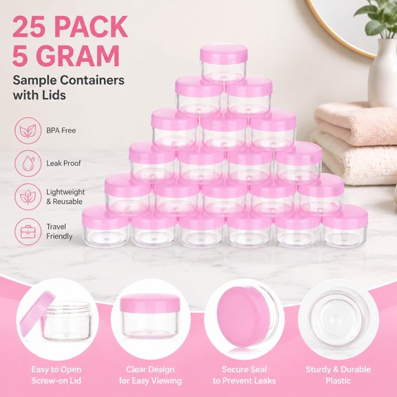 5 Gram Sample Containers with Lids, Mini Travel Makeup Jars, Empty Plastic Cosmetic Storage with Labels, Portable Beauty Organizer (25 Count, Pink Lid)