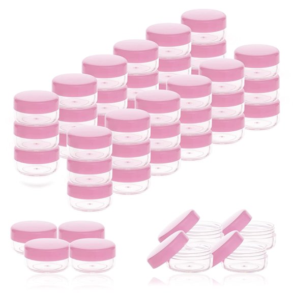 5 Gram Sample Containers with Lids, Mini Makeup Containers, Empty Plastic Travel Cosmetic Labels(50 Count, Pink Lid)