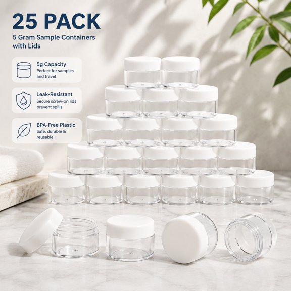 5 Gram Sample Containers with Lids, Mini Travel Makeup Jars, Empty Plastic Cosmetic Containers with Labels, 25 Count, White Lid