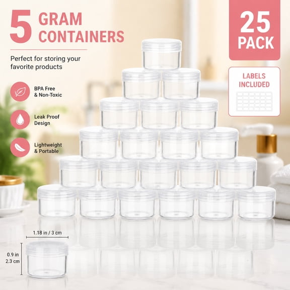 5 Gram Sample Containers with Lids, Mini Travel Makeup Jars, Empty Plastic Cosmetic Jars for Creams, Balms, and Lotion - 25 Clear Lids
