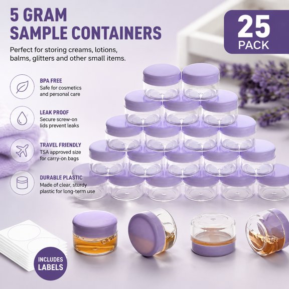 5 Gram Sample Containers with Secure Lids, Mini Plastic Travel Cosmetic Jars, Empty Makeup Storage Containers with Labels, 25 Count, Purple Lid