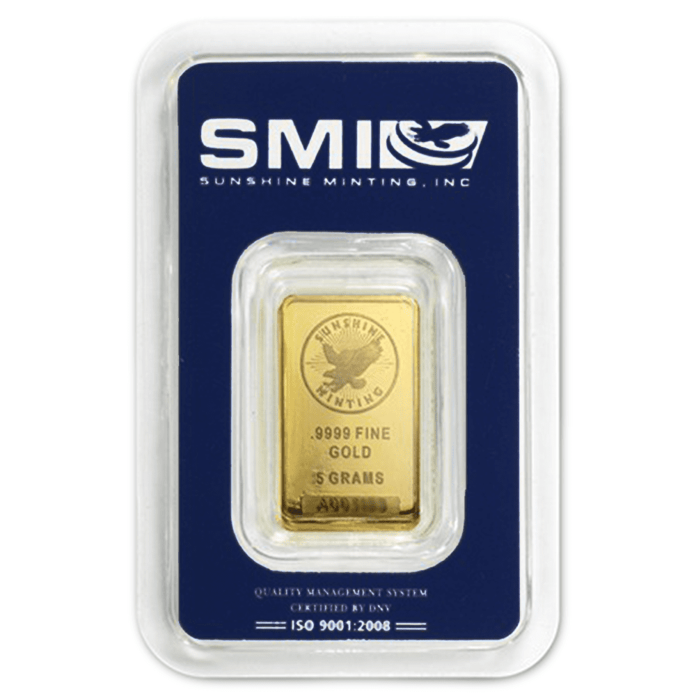 SUNSHINE MINTING 5 Gram Sunshine Mint .9999 Fine Gold Bar In Assay Mint Mark SI