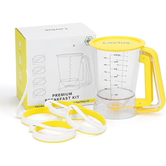 5- Griddle Breakfast Kit | Pancake Batter Dispenser with Sturdy Handle and 4 Egg Rings | for Griddles, Outdoor Grilling, Camping & Kitchen