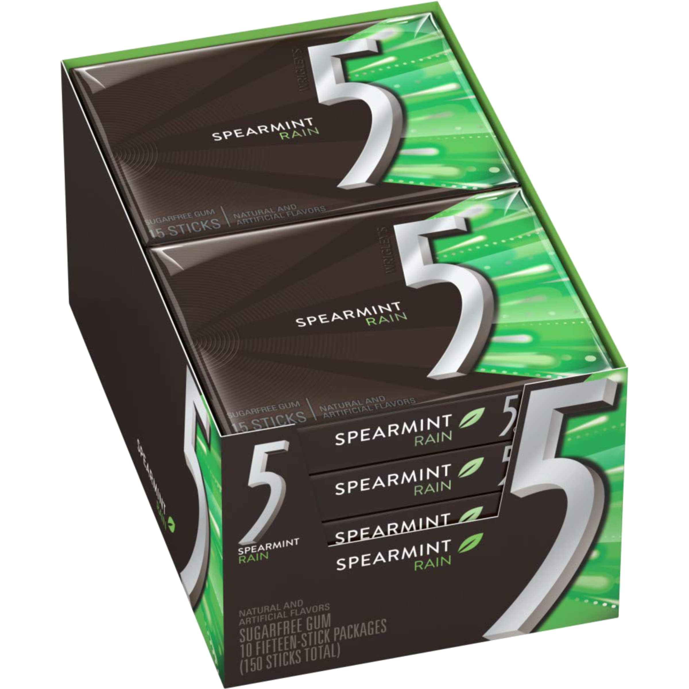 5 Gum Spearmint Rain Sugar-Free Gum, 15 Count -(Pack of 10)..