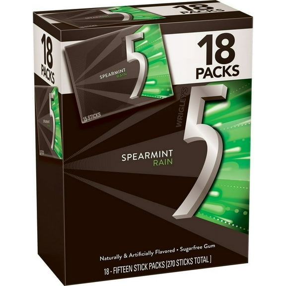 5 Gum Spearmint Rain Sugarfree Gum, Each 18 Count of 15 Sticks
