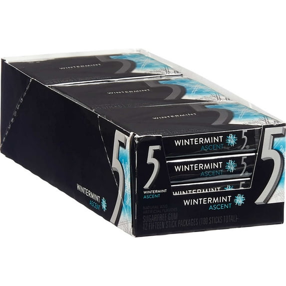 5 Gum Sugar Free Chewing Gum, Wintermint Ascent, 15 sticks, 12 ct