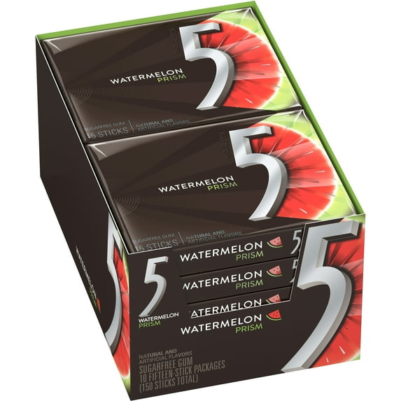 5 Gum Watermelon Prism Sugarfree Gum, 10 packs