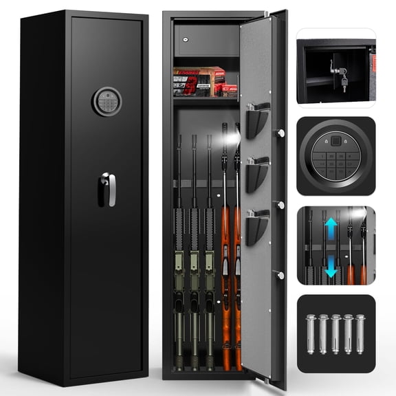 5 Gun Biometric Safe with Extra Locker, Quick Access Rifle Cabinet for Shotguns Pistols,Pry Alarm System LED Lighting Adjustable Storage, Black