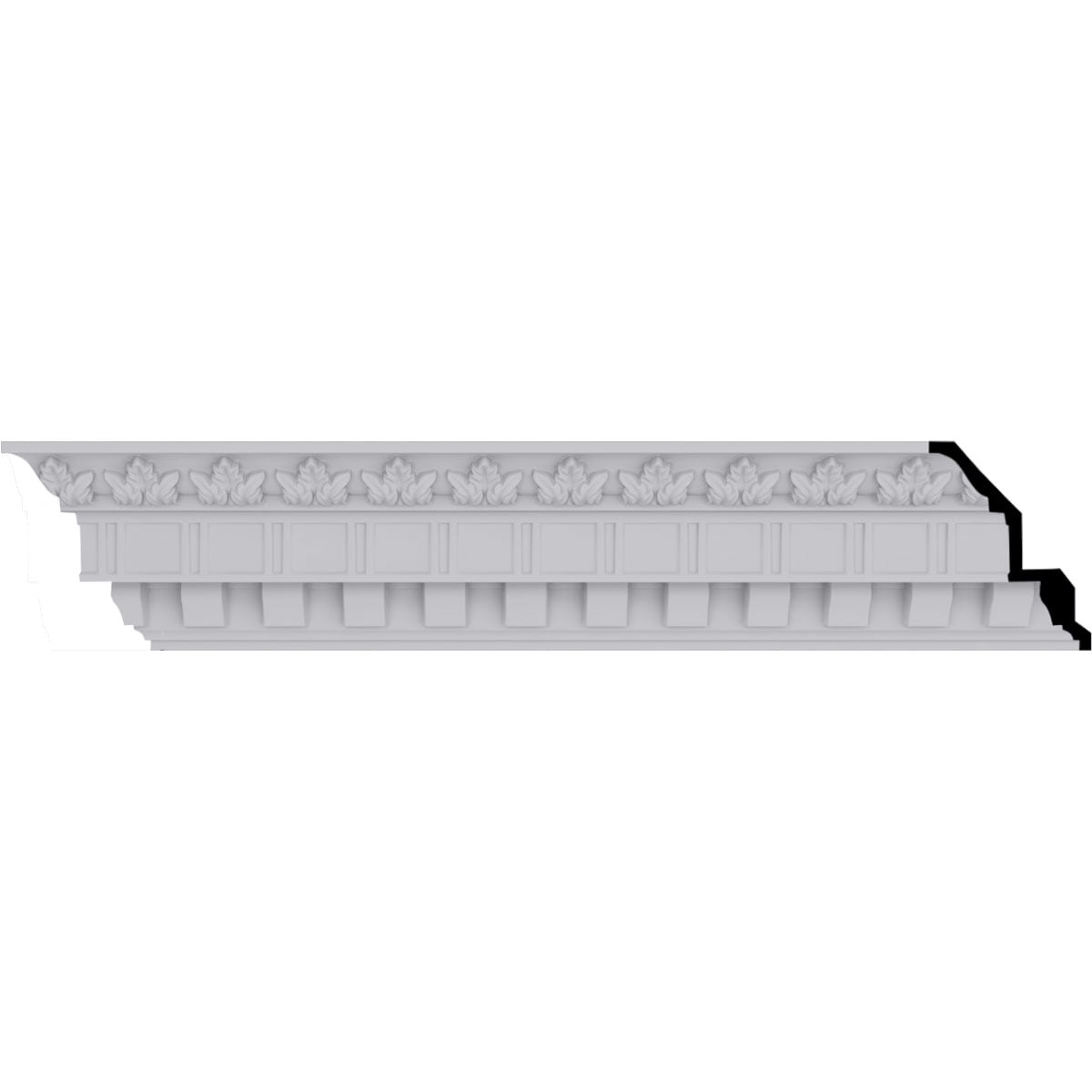5"H x 3 7/8"P x 6 3/8"F x 94 1/2"L, (2" Repeat), Dentil and Leaf Crown Moulding