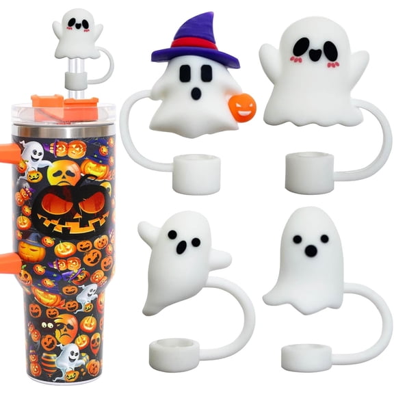 5 Halloween Cup Straw Lids, Silicone Straw Lids for 30 and 40 oz Glass Cups with Handles, 10mm 0.4 inch Dust-proof Reusable Straw Tip Covers, can be used as Halloween gifts.