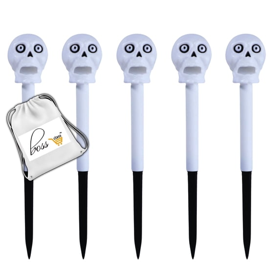 (5) Halloween Solar LED Skull Stake Lights, 13in Easy Install Plastic Solar-Powered Yard Stakes Spooky Lantern Pathway Markers Outdoor Waterproof Garden Light Haunted House Night Props