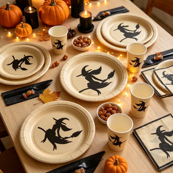 Under 5 Halloween Tableware Set Witch Disposable Paper Plates Cups Napkins Witch Silhouettes & Sturdy for Halloween Party Decorations Halloween Party Supplies by MPOISVA