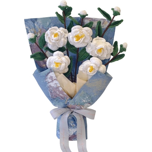 5 Handmade Artificial Flower Knitted Camellia Bouquet, Completed Crochet Flower Bouquet, Knitted Flowers for Mother's Day, Anniversary, Graduation, Birthday (White)