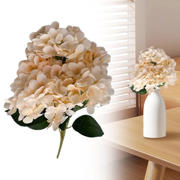 5 Head Champagne Artificial Hydrangea Stem, Fake Silk Hydrangea Flower for Wedding Centerpieces, Neutral Home Decor & Elegant Styling