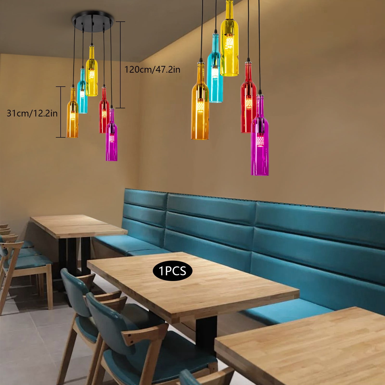 5-Head Glass Chandelier Ceiling Light Colorful Beer Bottle Decorative Chandelier 2.95*12.2inch for Living Room, Cooking Island, Restaurant