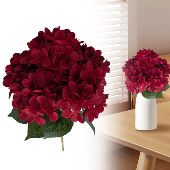 5 Head Red Artificial Hydrangea Stem, Fake Silk Hydrangea Flower for Vase Arrangements, Wedding Decor, Holiday & Festive Home Styling