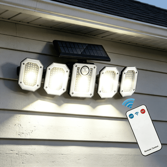 5 Head Solar Flood Light w/ Remote, IP65 Waterproof, 300 LED 360 Motion Sensor Lamp, 3 Modes Dual Clip Cool White Wall Light for Yard Garden Shed Garage Patio