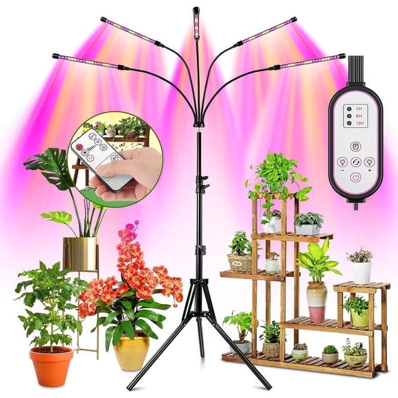 5 Heads 100 LED Grow Light, Full Spectrum Plants Grow Light, Red, Blue, Yellow Light 10 Levels of Brightness, 1.6M Adjustable Tripod Floor Standing Grow Light with Remote Control