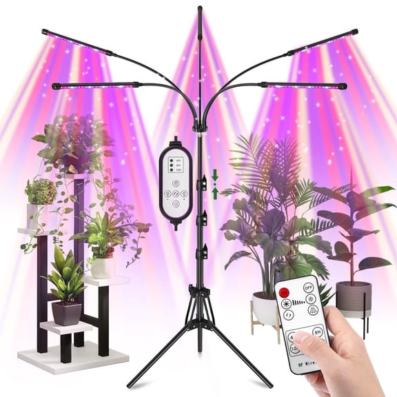 5 Heads LED Grow Light for Indoor Plants with Adjustable Stand 15-63", Red Blue White Full Spectrum Plant Light with Dual Remote Control 4/8/12H Timer 10 Dimmable Brightness & Auto On/Off