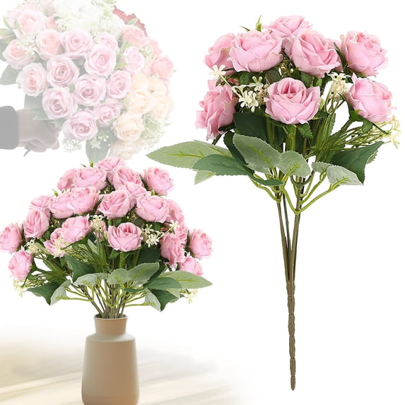 5 Heads Rose Fake Flower Silk Artificial Rose Fake Roses Bouquet for Centerpiece Table Wedding Home Decor Dark Pink