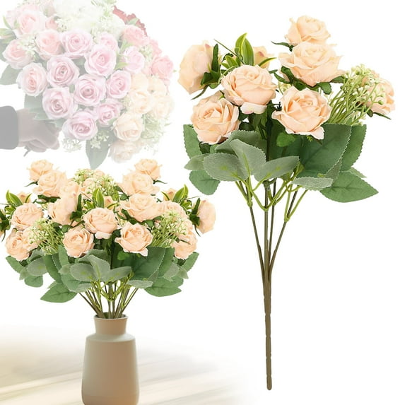 5 Heads Silk Roses Artificial Flowers Fake Long Stem Roses for DIY Wedding Bouquet Home Decoration,Champagne