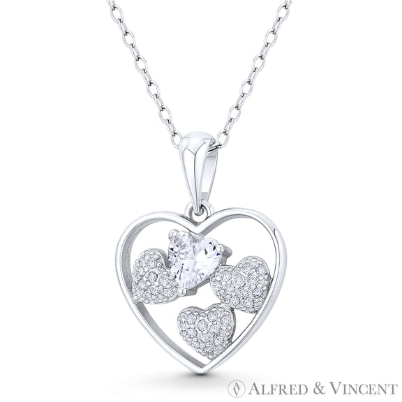 5-Heart Cluster Charm CZ Crystal Pave Pendant & Chain Necklace in .925 Sterling Silver w/ Rhodium