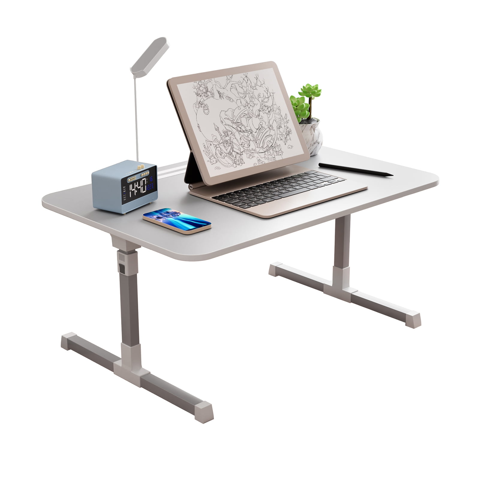 5-Height Adjustable Bed Table with LED Light & Fan, Foldable Laptop Desk 23.6x15.7 Inch, Multi-Function Bed Tray with Storage Drawer