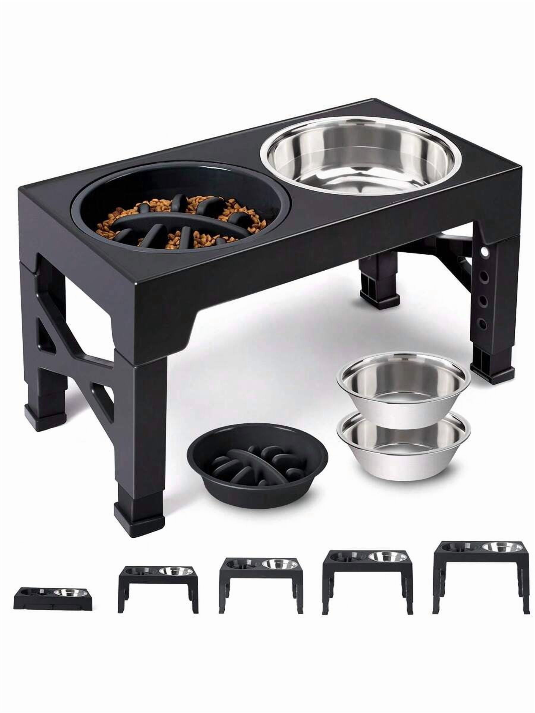 5-Height Adjustable Raised Dog Bowl Set - Includes 2 Stainless Steel Bowls + 1 Slow Feeder, Anti-Choke & Slow Feeding Design, Suitable For All Dog Breeds & Cats,Easy-Clean Materials