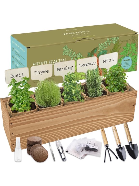5 Herb Garden Planter Indoor with Wooden Box, Home Kitchen Seed Starter Kit Including Basil, Thyme, Parsley, Rosemary, Mint, Birthday, Mothers Day, House Warming, Gardening Gifts for Women, Mom