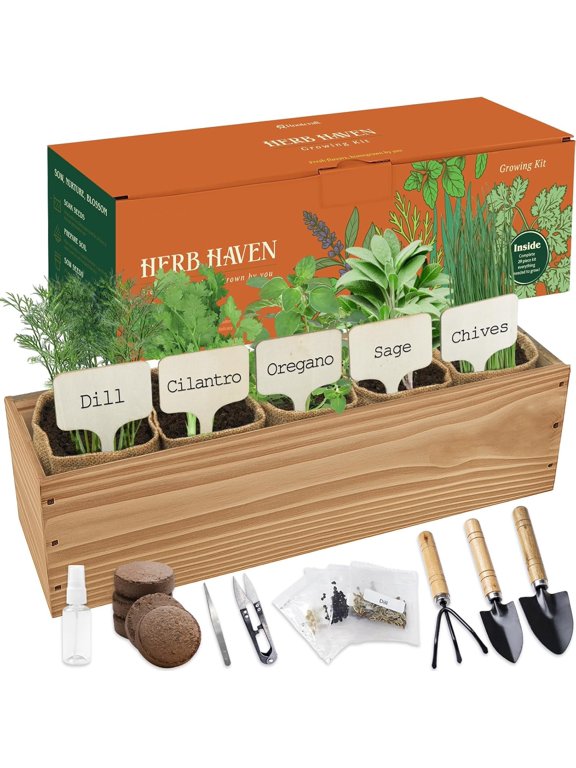 5 Herb Garden Planter Indoor with Wooden Box, Home Kitchen Seed Starter Kit Including Dill, Cilantro, Oregano, Sage, Chives, Birthday, Mothers Day, House Warming, Gardening Gifts for Women, Mom
