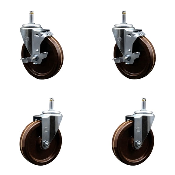 5 High Temp Phenolic Wheel Swivel 7/16 Inch Grip Ring Stem Caster Set 2 Brakes
