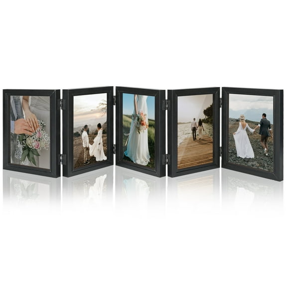 5 Hinged Picture Frame, 5" x 7" Folding Photo Frame with High Definition Acrylic, Wood Made Family Picture Collage Desk Decor, Foldable Vertical Picture Frame for Christmas Thanksgiving Day Gift