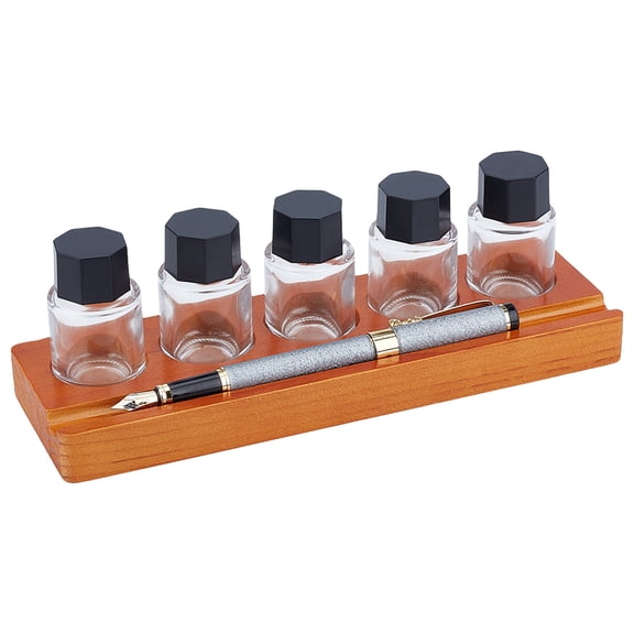 5-Hole Calligraphy Ink Pot Holder Set Wood Bottle Organizer Stands 5Pcs Glass Fountain Pen Ink Bottle15ml/ 0.5oz Decorative Desk Organizer