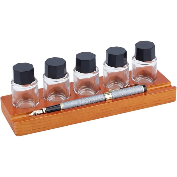 5-Hole Calligray Ink Pot Holder Set Wood Bottle Organizer Stands & 5Pcs Glass Fountain Pen Ink Bottle15ml/ 0.5oz Decorative Desk Organizer