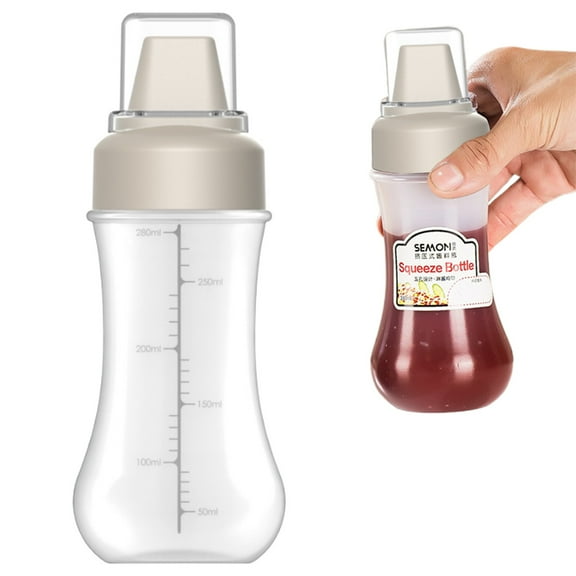 5-Hole Condiment Bottle, 10 oz No-Drip Ketchup Syrup Dispenser, Leak-Proof Squeeze Bottle with Measurement Marks, for Salad, BBQ, Cooking, Beige, By MCZQSON