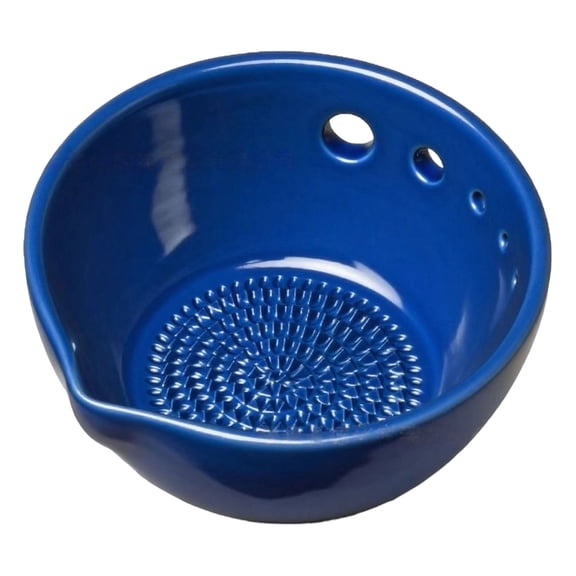 5-Hole Herb Stripper Bowl,Multi-Function Garlic Grinder with Pouring Spout for Kitchen Cooking,Ceramic Mincing Tool for Parsley Thyme Kale Leaf Removal and Juice Sauce Preparation(Blue)