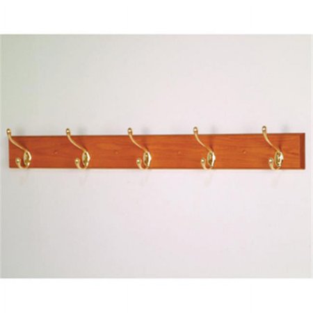5 Hook Coat Rack in Medium Oak - Brass