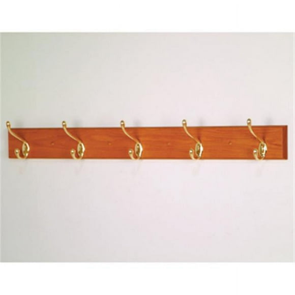 5 Hook Coat Rack in Medium Oak - Brass