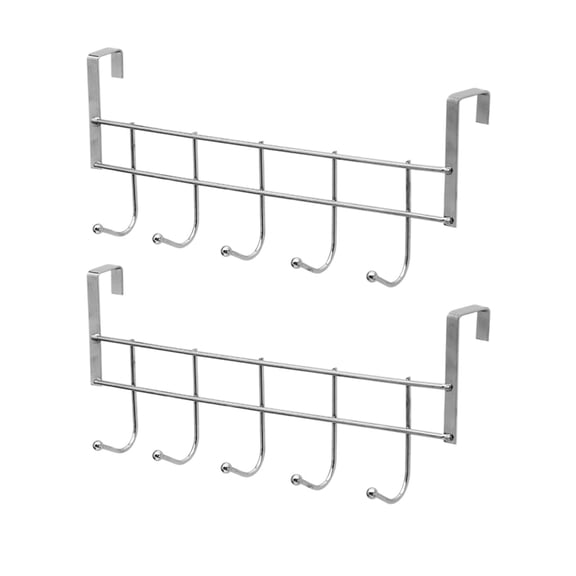 5-Hook Over The Door Hooks for Kitchen Set of 2, Stainless Steel Heavy Duty Door Hanger for Spoon Turner Whisk, Hanging Towel Rack Organizer, Easy Install Space Saving Kitchen Cupboard Hooks