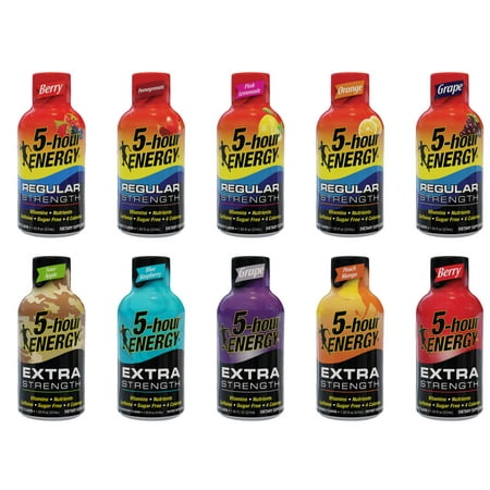 5-Hour Energy Shot, Variety Sampler Pack, 20 Count, Contains a blend of B Vitamins, Amino Acids, 0 Sugar, 4 Calories, Kosher, 10 Flavor Assortment Of Regular & Extra Strength (20 Pack)