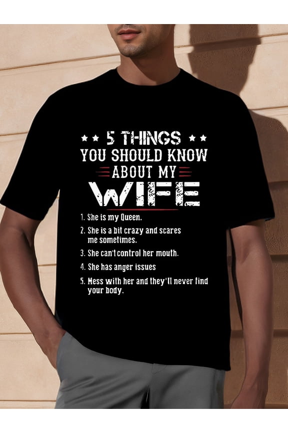 5 Humorous Things About My Wife Funny Graphic Print T-Shirt - Men's Casual Short Sleeve Summer Tees with Comfortable Fit and Breathable Fabric - Unique Gift Idea for Husband