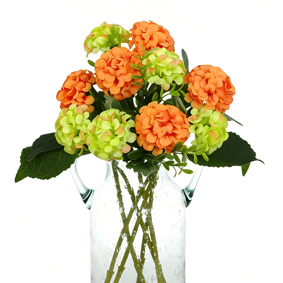 Under 5 Hydrangea Artificial Flowers Fake Flowers Artificial Silk Hydrangea Flower With Stems Bouquets Arrangement for Outside Window Box Front Porch Planter Decor Orang & Yellow 1PCS