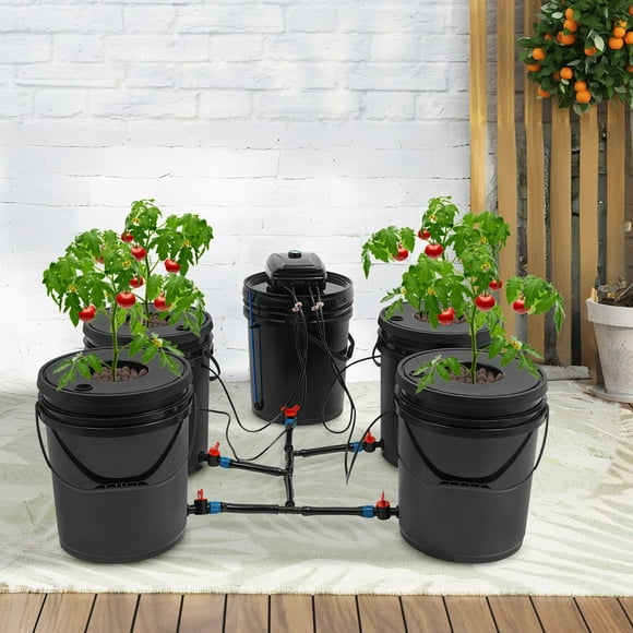 5 Hydroponic Buckets Kit 5.28 Gallon Deep Water Culture Hydroponics Grow System with Pump, Air Stone and Water Level Device for Indoor/Outdoor Herbs, Tomato, Vegetables