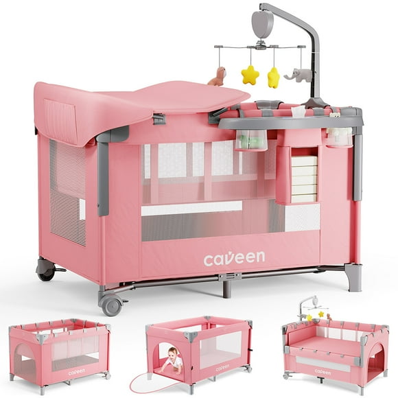 Baby Bassinet, Caveen 5 in 1 Baby Playard with Bassinet, Portable Bedside Sleeper Baby Crib, with Removable Changing Station & Storage Organizer, Pink