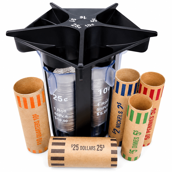 5-IN-1 Coin Sorter Tube Counter with Wrappers, Desktop Money Sorting Machine, Practical Coin Organizer Holder for Home and Office Use