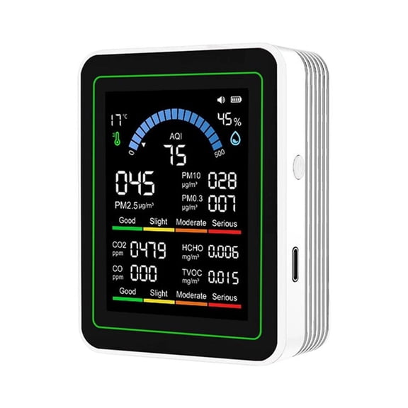 5 In 1 Air Quality Monitor CO2 PM2.5 Formaldehyde TVOC Detector With Auto Alarm Type C Rechargeable 2000mAh For Home Office Nursery