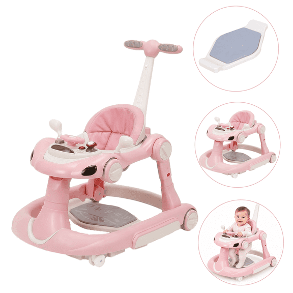 5-In-1 Baby Walkers With Wheels, Activity Walker For Boys Girls 6-18 Months, Music, Light, Heights Adjustable, Foldable,ForToddler Infant,Pink