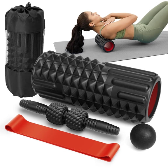 5 In 1 Black Foam Roller Set With Massage Ball Resistance Band For Deep Tissue Muscle Recovery