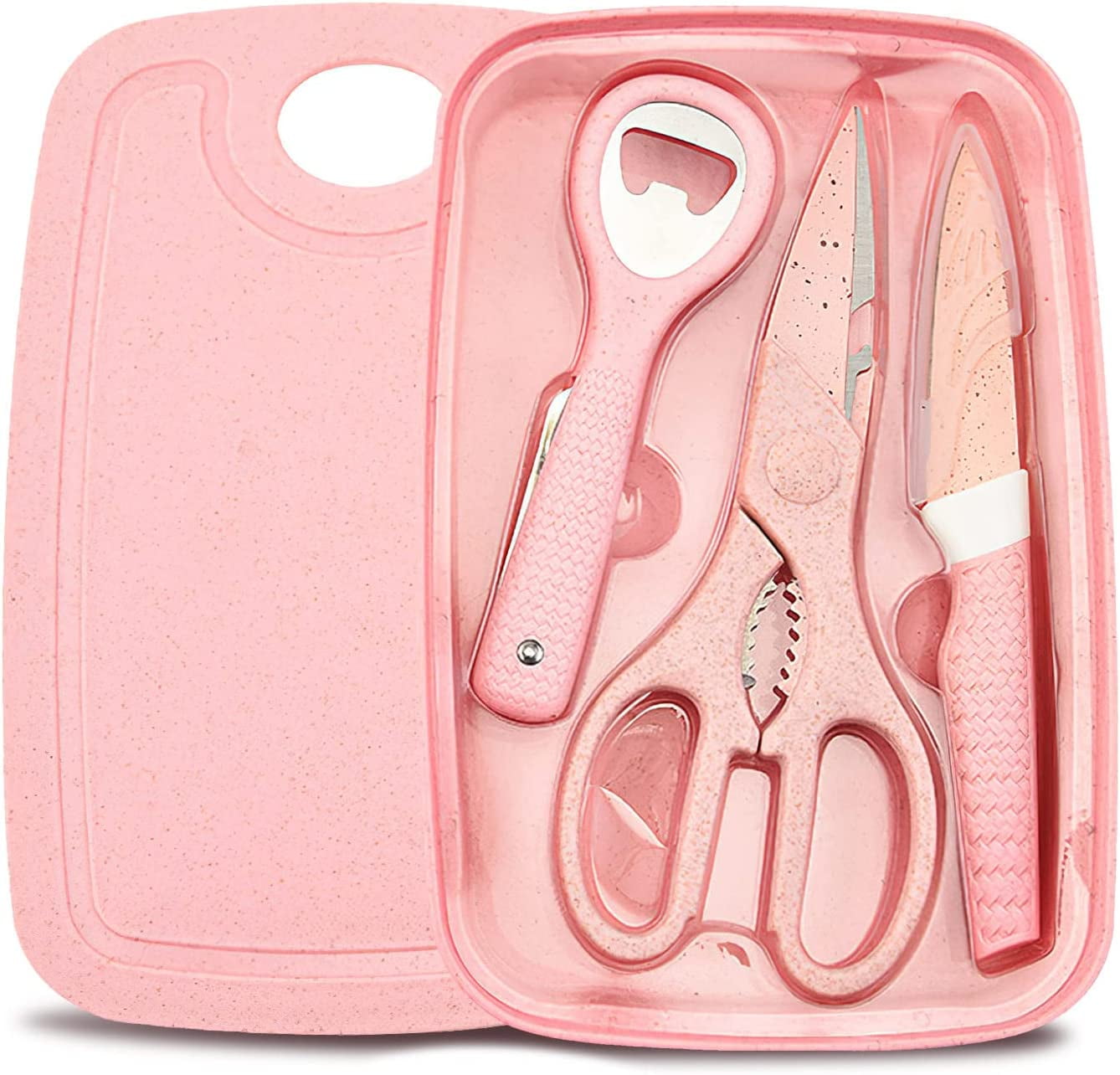 Set of 4 pc Kitchen Cutting Board Mats Slip Grip and Knife Pink Color  Utensils and 2pc set of Salt and Pepper Shaker Glass Condiments Container  for